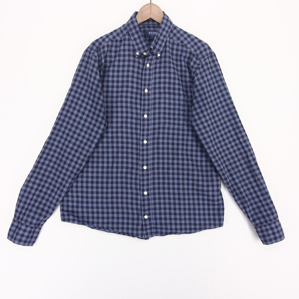 Eton Shirt Mens XL Blue Gingham Lightweight Flannel Slim Fit Button Down